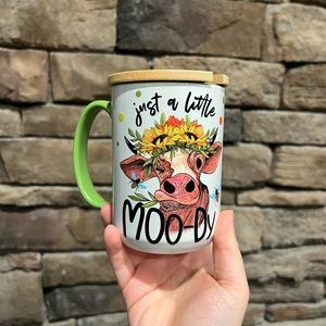 Just a little moody with cow prints it comes with lid